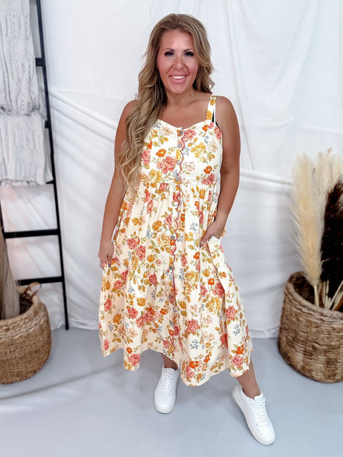 Warm Toned Floral Print Scalloped Edge Midi Dress - Whiskey Skies - POLAGRAM + BAEVELY