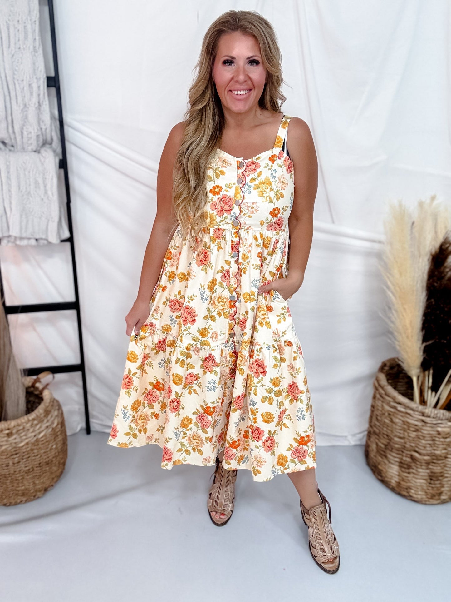Warm Toned Floral Print Scalloped Edge Midi Dress - Whiskey Skies - POLAGRAM + BAEVELY