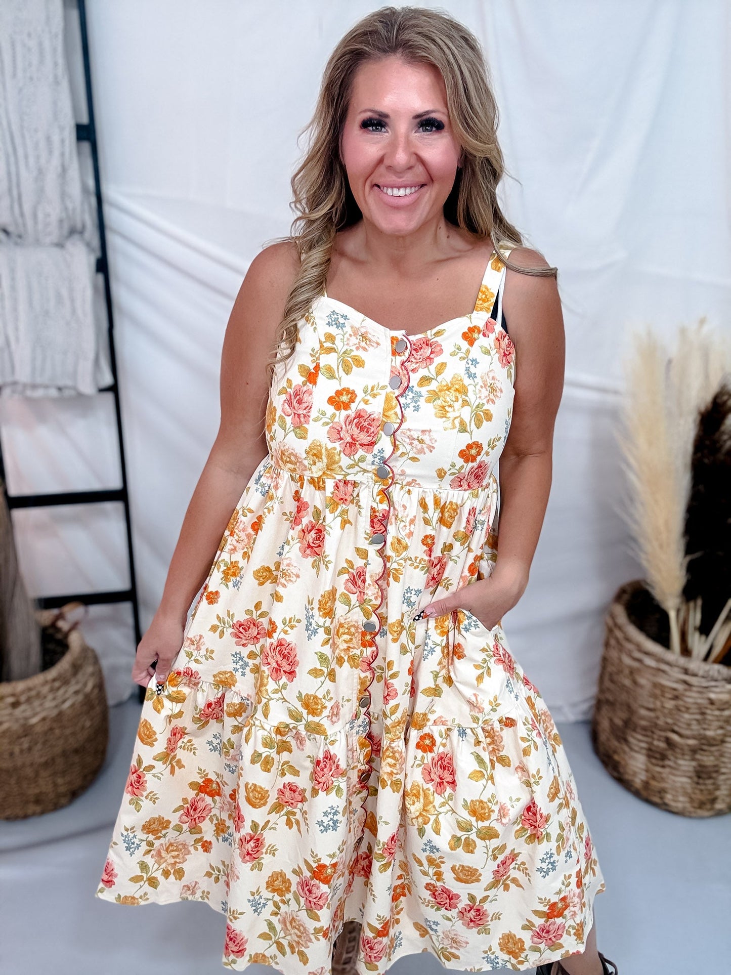 Warm Toned Floral Print Scalloped Edge Midi Dress - Whiskey Skies - POLAGRAM + BAEVELY