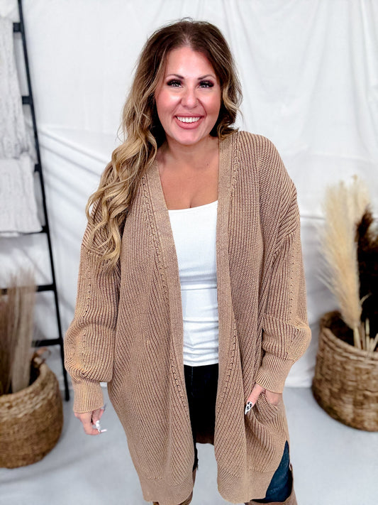Washed Ash Brown Long Sleeve Open Cardigan W/ Side Pockets - Whiskey Skies - WHITE BIRCH
