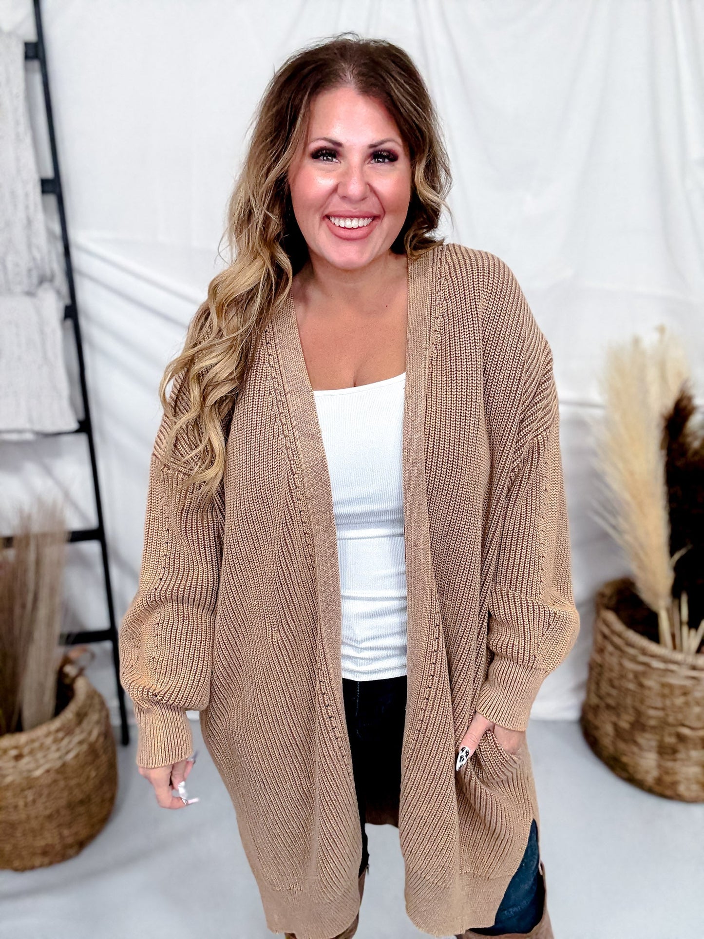 Washed Ash Brown Long Sleeve Open Cardigan W/ Side Pockets - Whiskey Skies - WHITE BIRCH