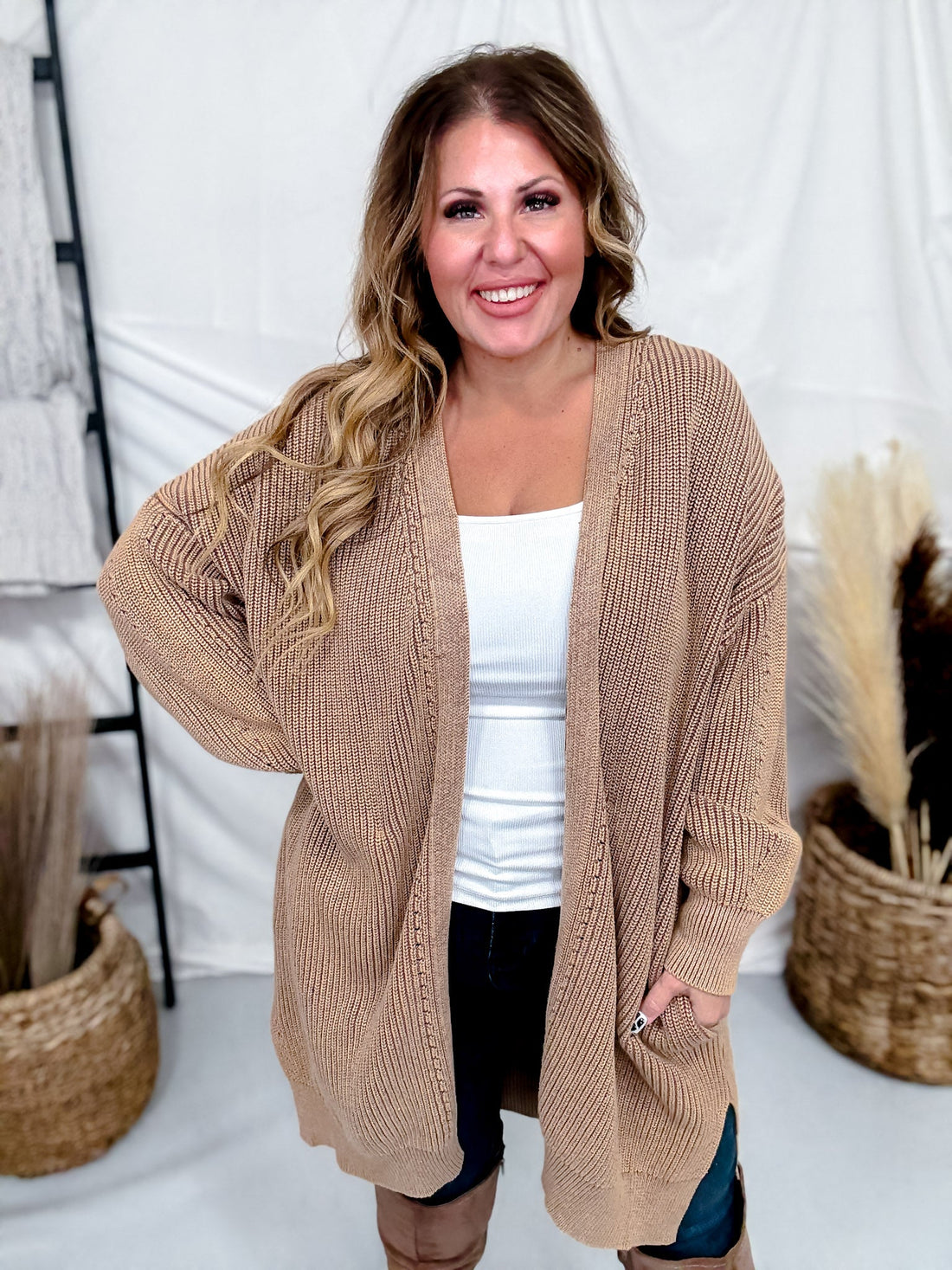 Washed Ash Brown Long Sleeve Open Cardigan W/ Side Pockets - Whiskey Skies - WHITE BIRCH