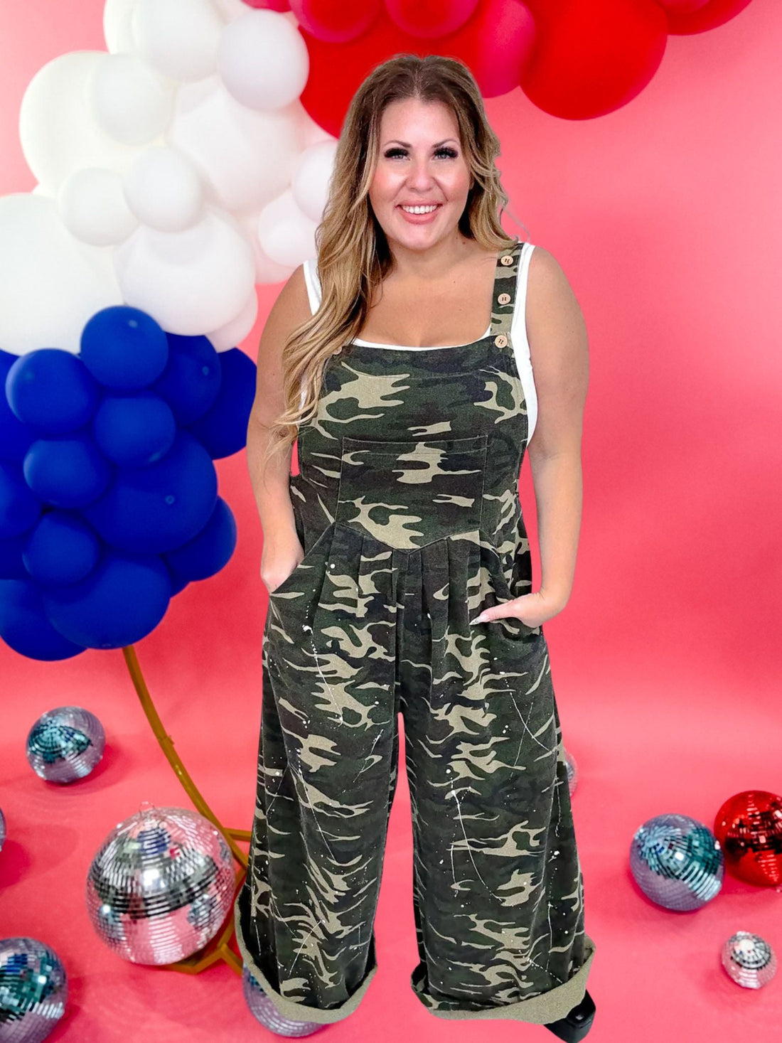Washed Camo Wide Leg Paint Splatter Overalls - Whiskey Skies - BLUEVELVET