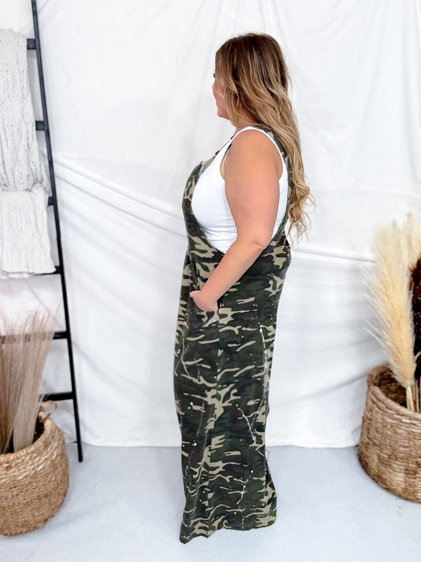 Washed Camo WIde Leg Paint Splatter Overalls - Whiskey Skies - BLUEVELVET
