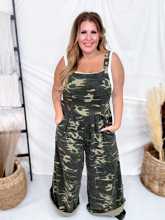 Washed Camo WIde Leg Paint Splatter Overalls - Whiskey Skies - BLUEVELVET