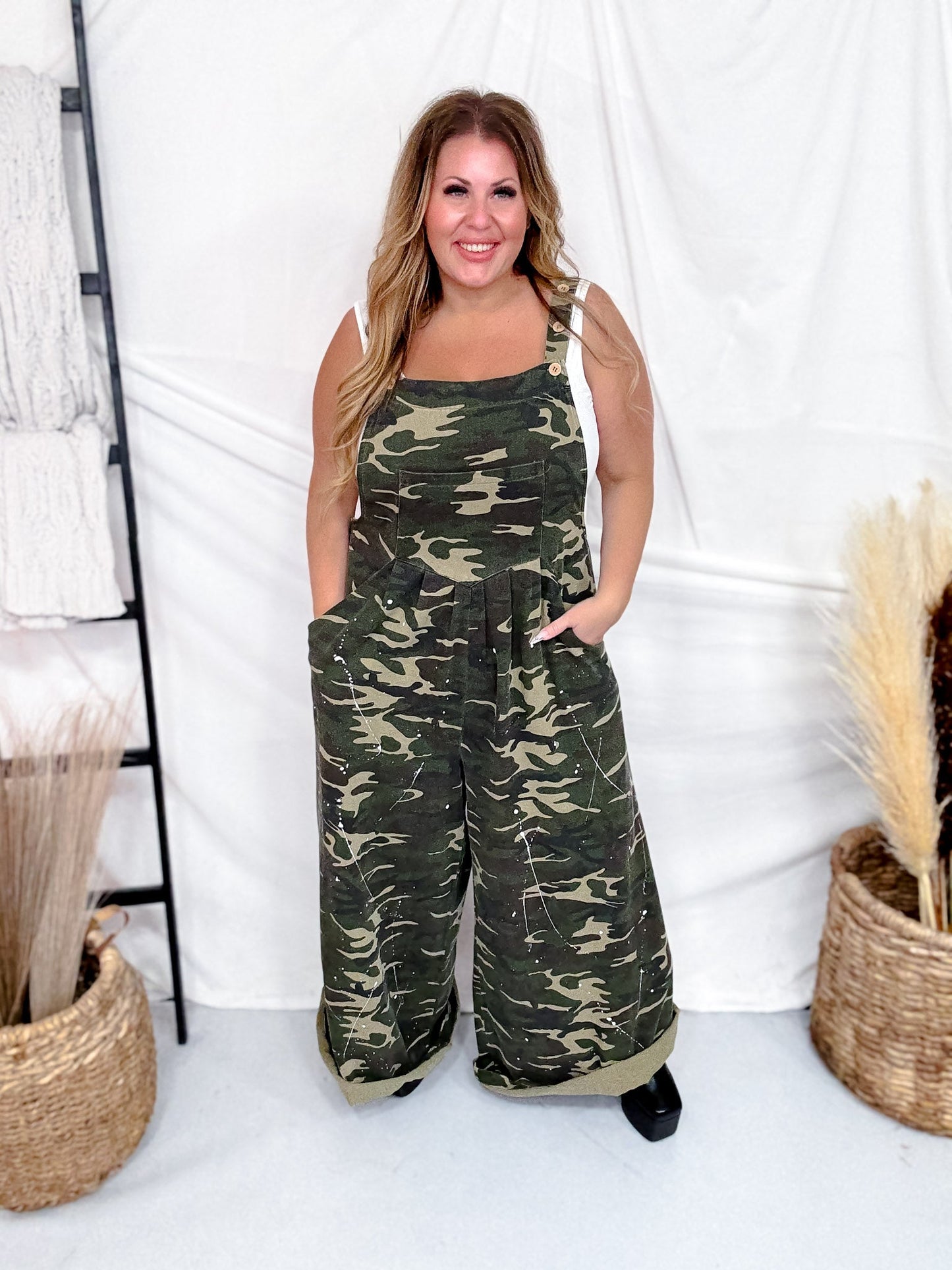 Washed Camo WIde Leg Paint Splatter Overalls - Whiskey Skies - BLUEVELVET