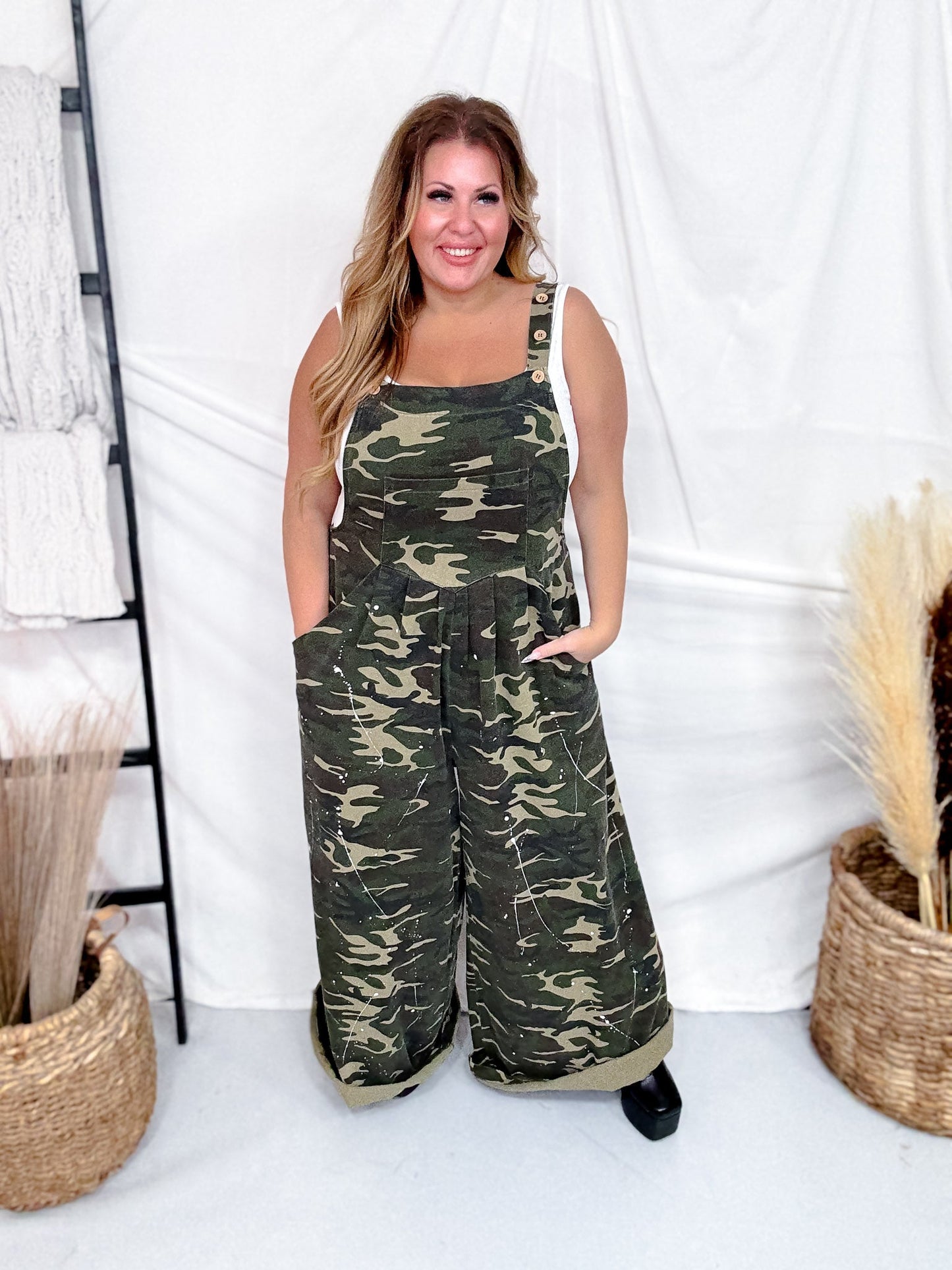 Washed Camo WIde Leg Paint Splatter Overalls - Whiskey Skies - BLUEVELVET