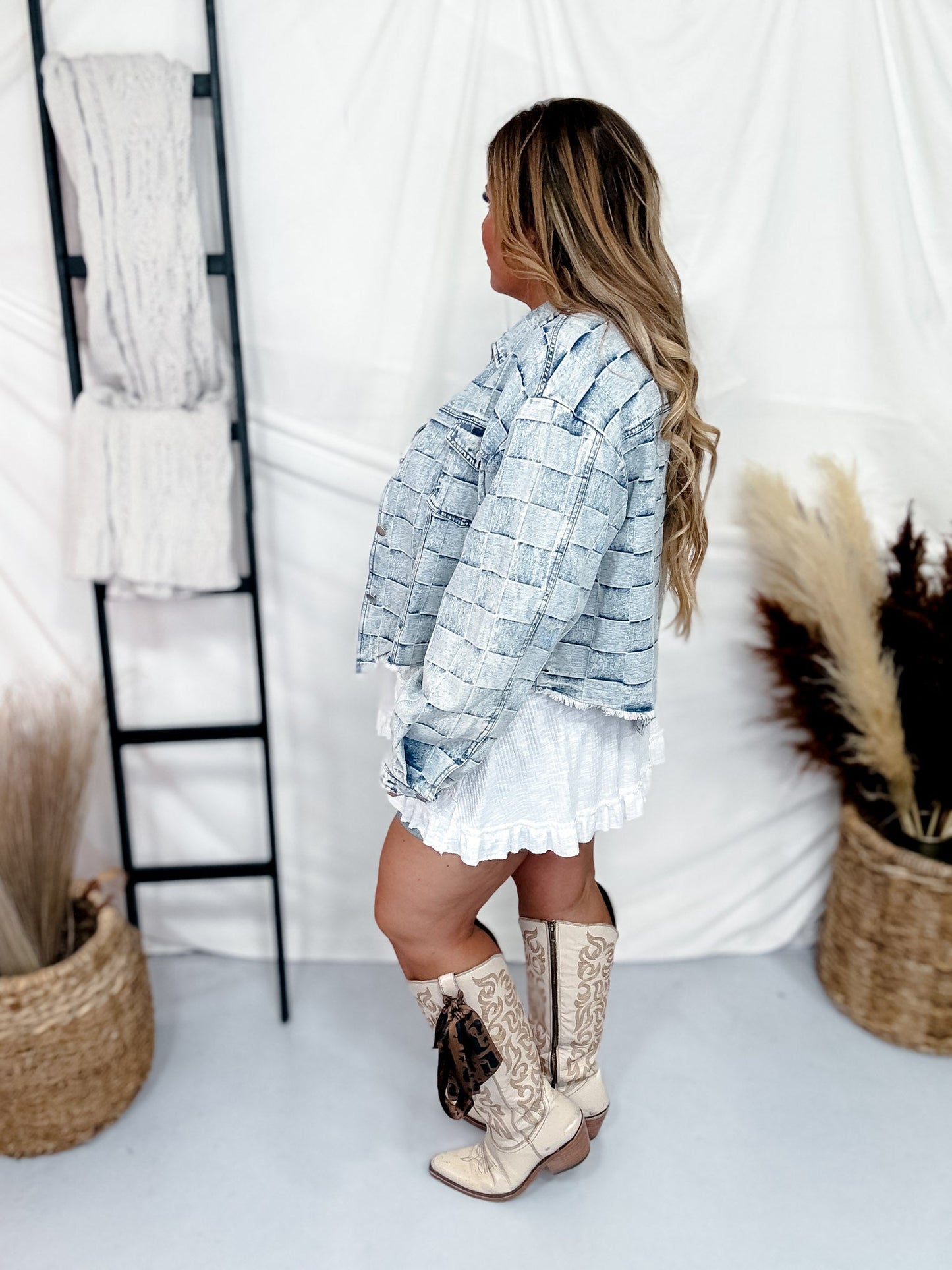 Washed Checker Denim Distressed Hem Jacket - Whiskey Skies - BIBI