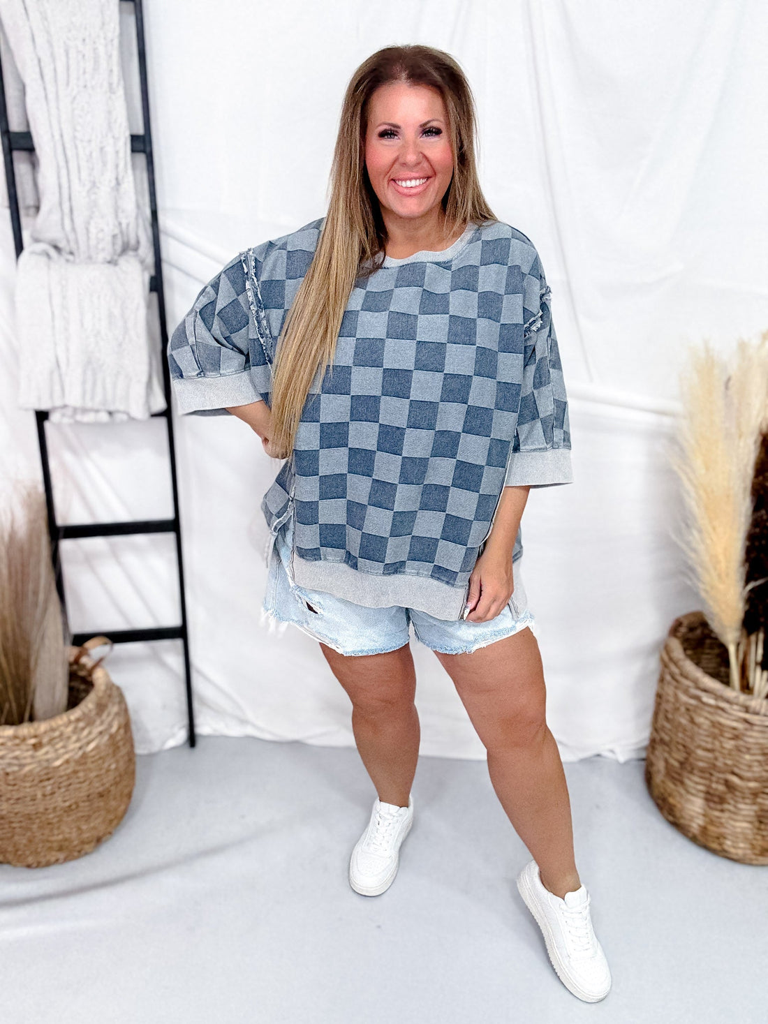 Washed Checker Denim Open Seam Detail Short Sleeve Top - Whiskey Skies - BIBI