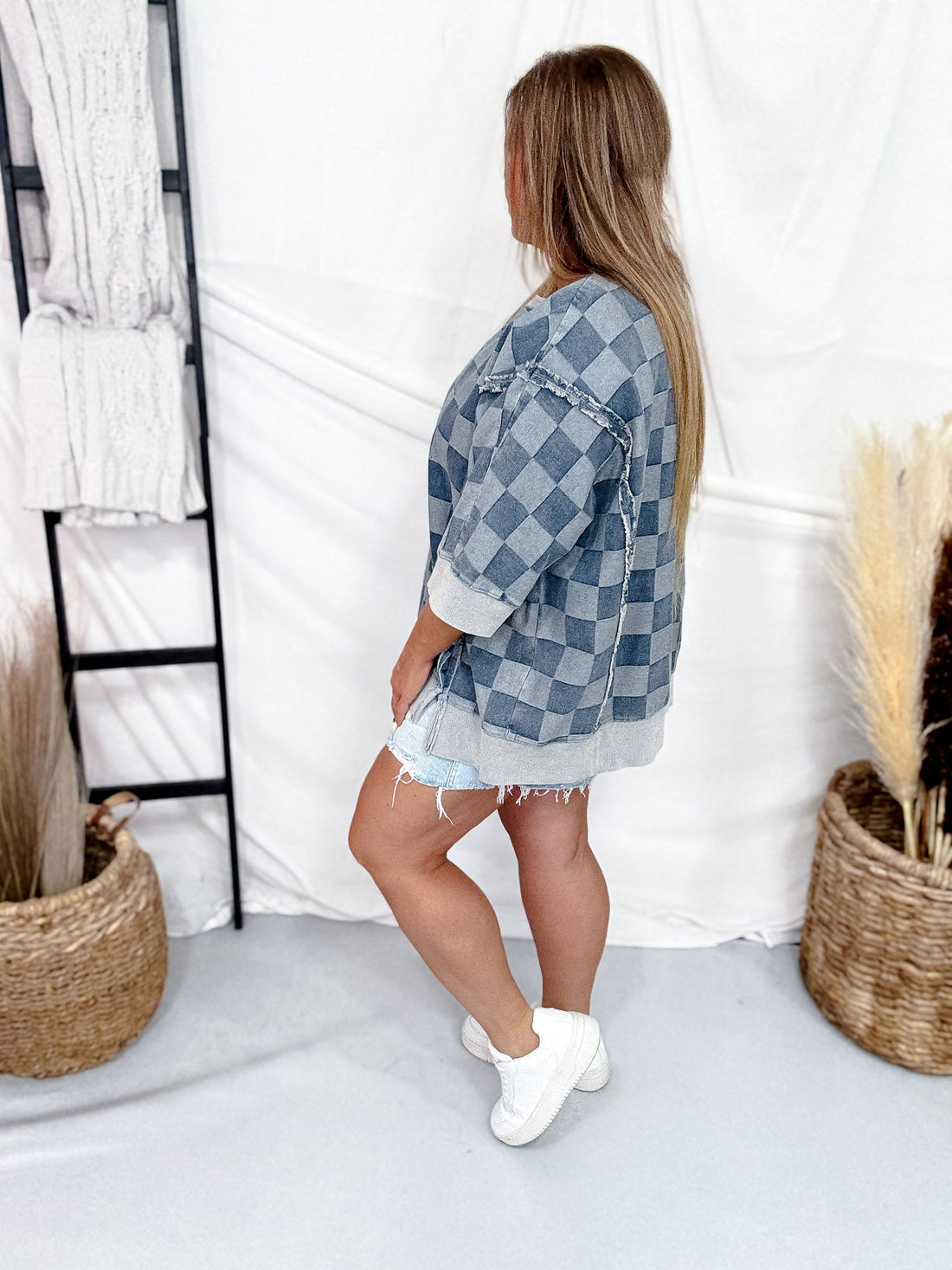 Washed Checker Denim Open Seam Detail Short Sleeve Top - Whiskey Skies - BIBI