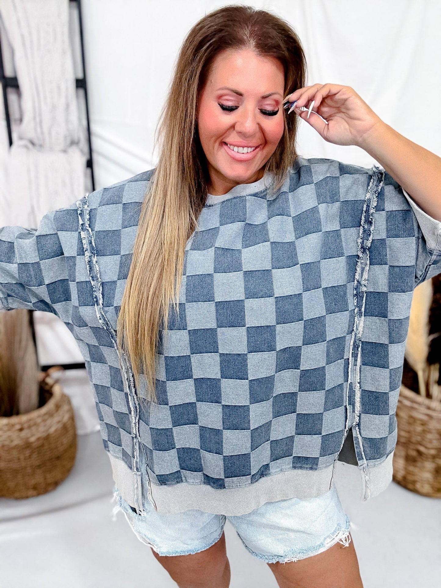 Washed Checker Denim Open Seam Detail Short Sleeve Top - Whiskey Skies - BIBI