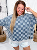 Washed Checker Denim Open Seam Detail Short Sleeve Top - Whiskey Skies - BIBI