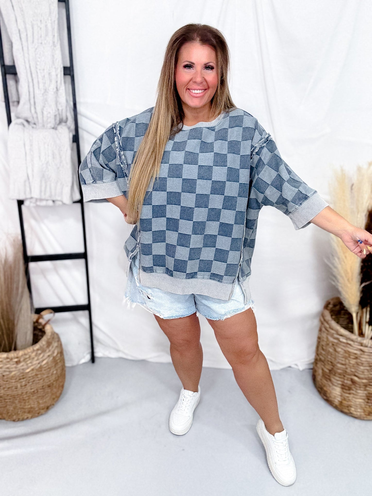 Washed Checker Denim Open Seam Detail Short Sleeve Top - Whiskey Skies - BIBI