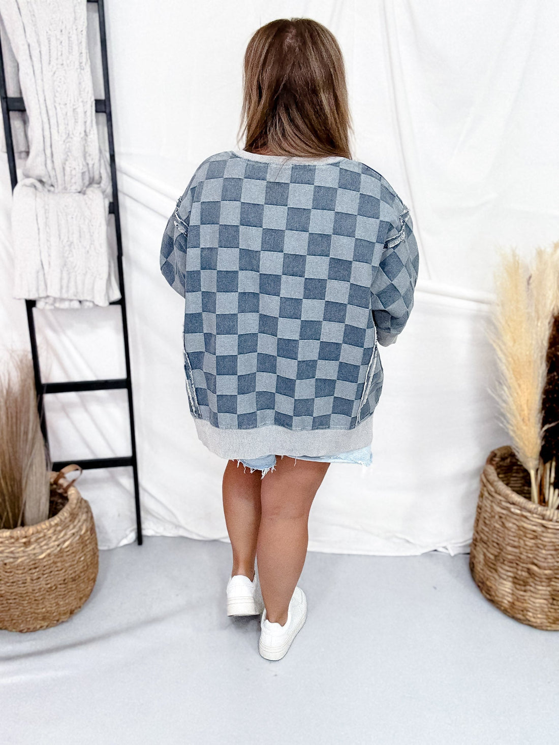 Washed Checker Denim Open Seam Detail Short Sleeve Top - Whiskey Skies - BIBI