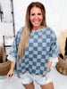 Washed Checker Denim Open Seam Detail Short Sleeve Top - Whiskey Skies - BIBI