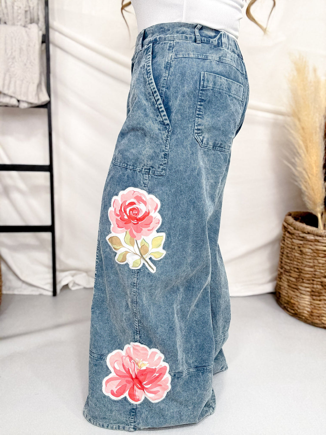 Washed Corduroy Wide Leg Pants With Rose Patches - Whiskey Skies - DAVI & DANI