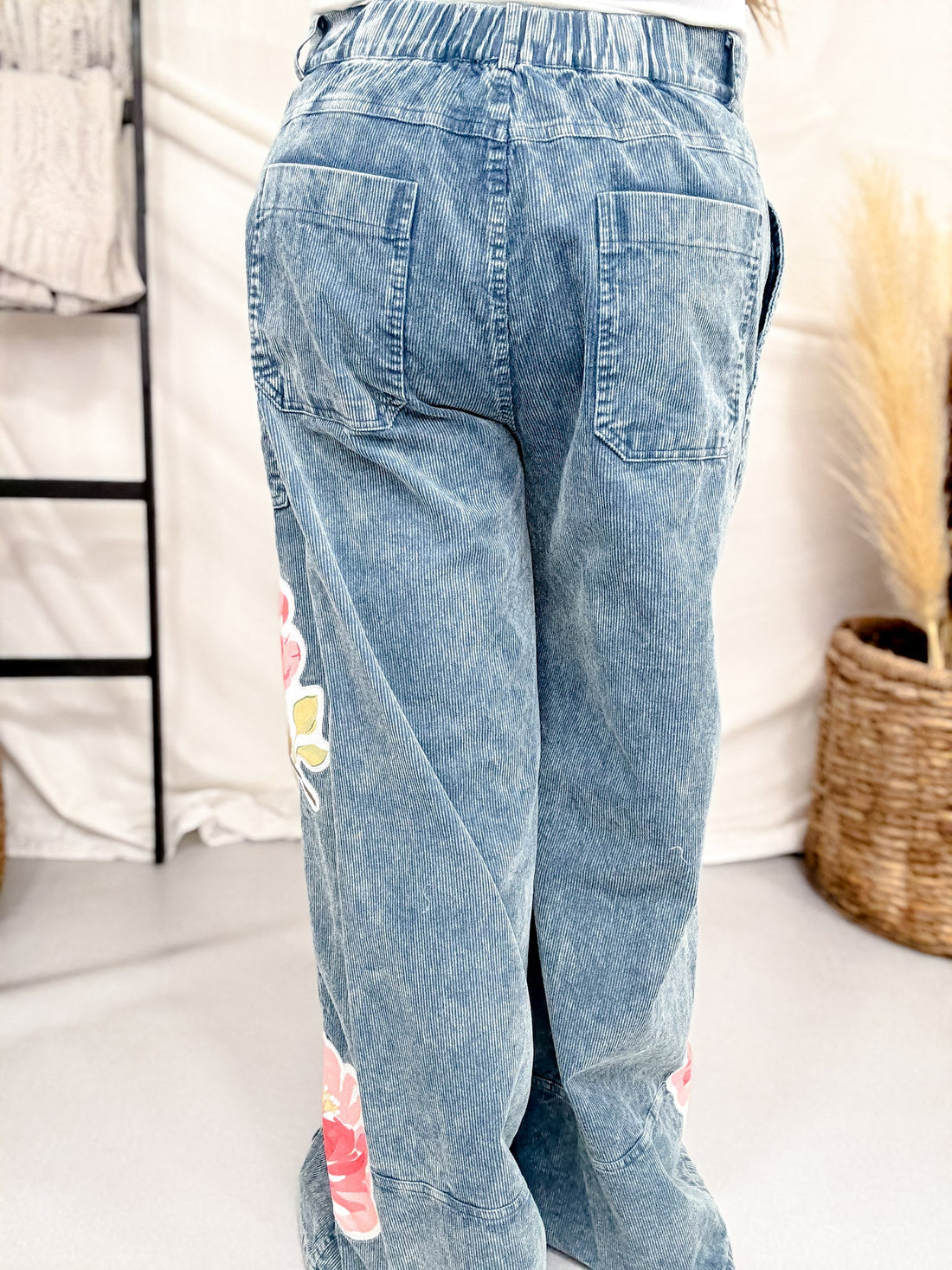 Washed Corduroy Wide Leg Pants With Rose Patches - Whiskey Skies - DAVI & DANI