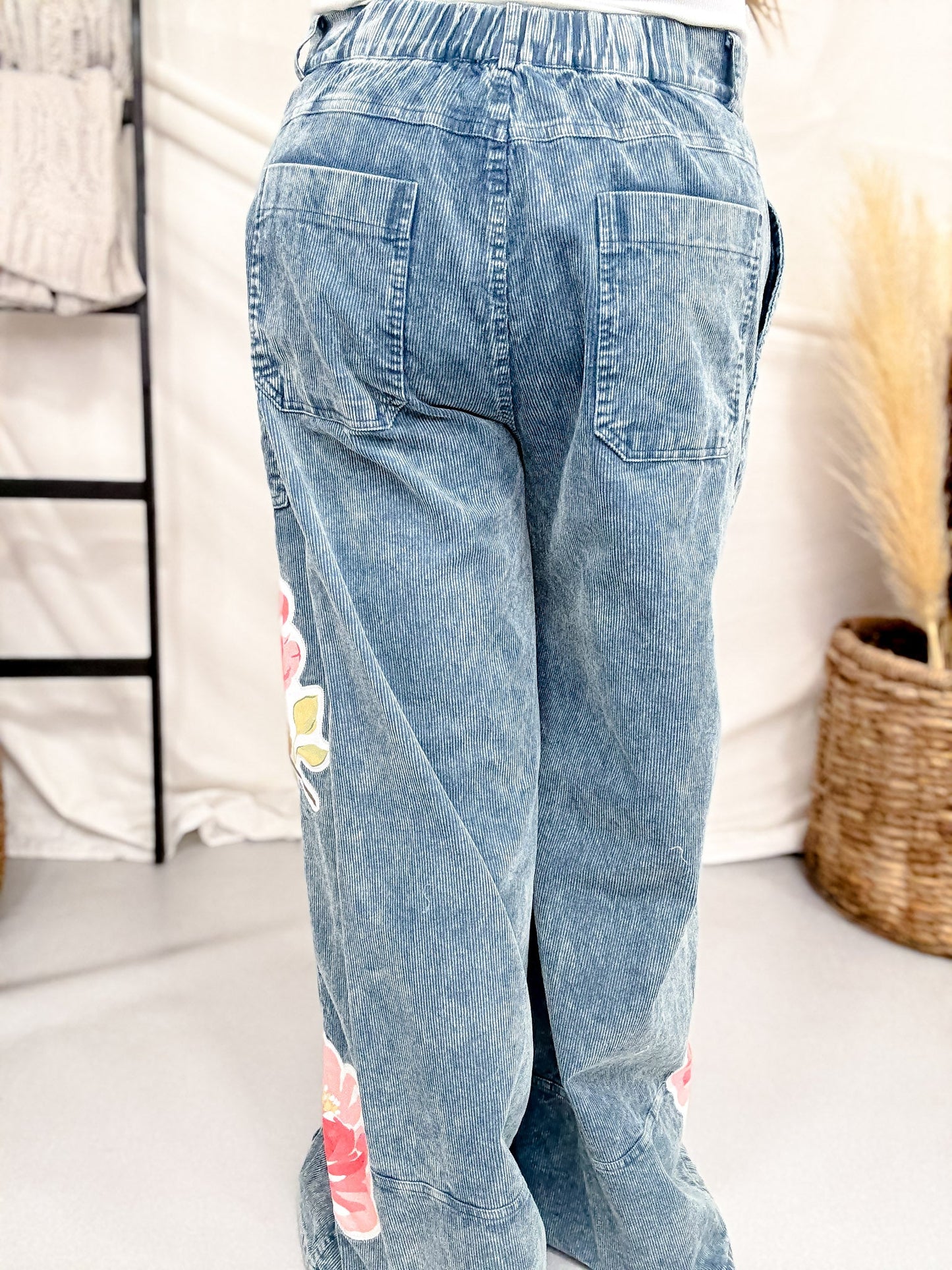 Washed Corduroy Wide Leg Pants With Rose Patches - Whiskey Skies - DAVI & DANI