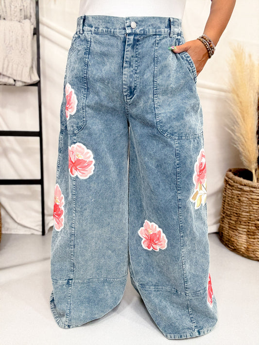 Washed Corduroy Wide Leg Pants With Rose Patches - Whiskey Skies - DAVI & DANI