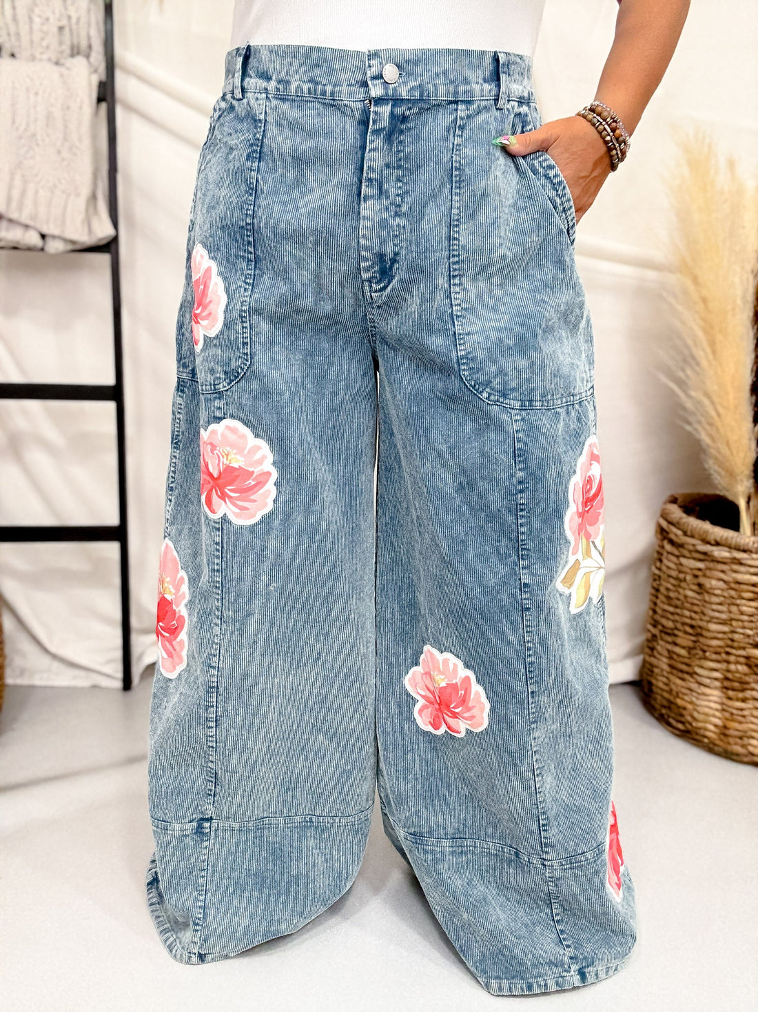 Washed Corduroy Wide Leg Pants With Rose Patches - Whiskey Skies - DAVI & DANI