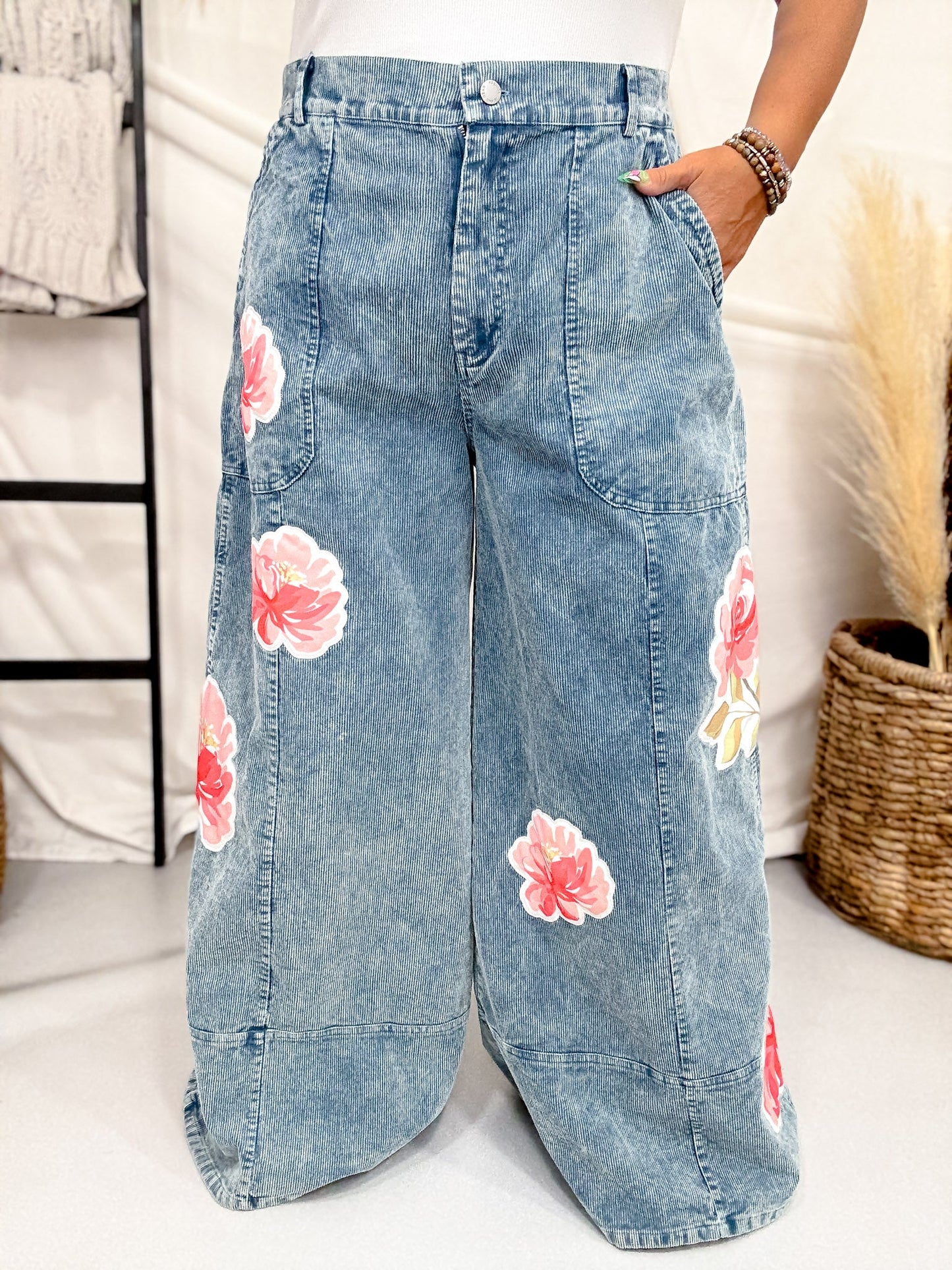 Washed Corduroy Wide Leg Pants With Rose Patches - Whiskey Skies - DAVI & DANI