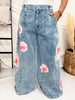 Washed Corduroy Wide Leg Pants With Rose Patches - Whiskey Skies - DAVI & DANI
