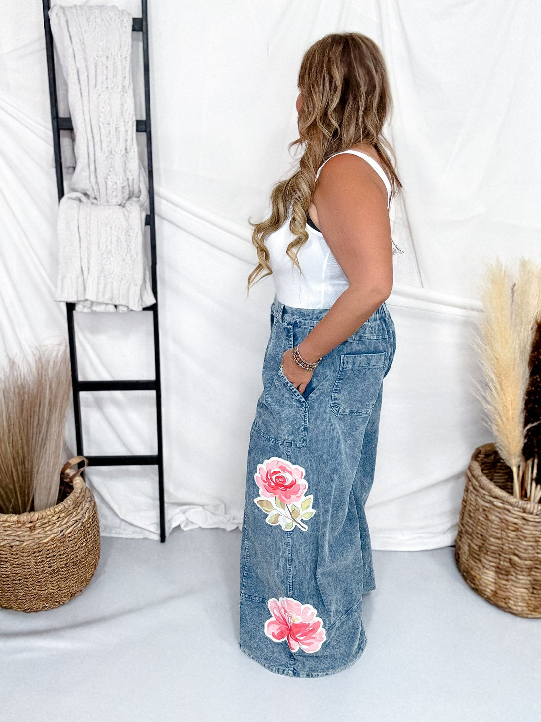 Washed Corduroy Wide Leg Pants With Rose Patches - Whiskey Skies - DAVI & DANI