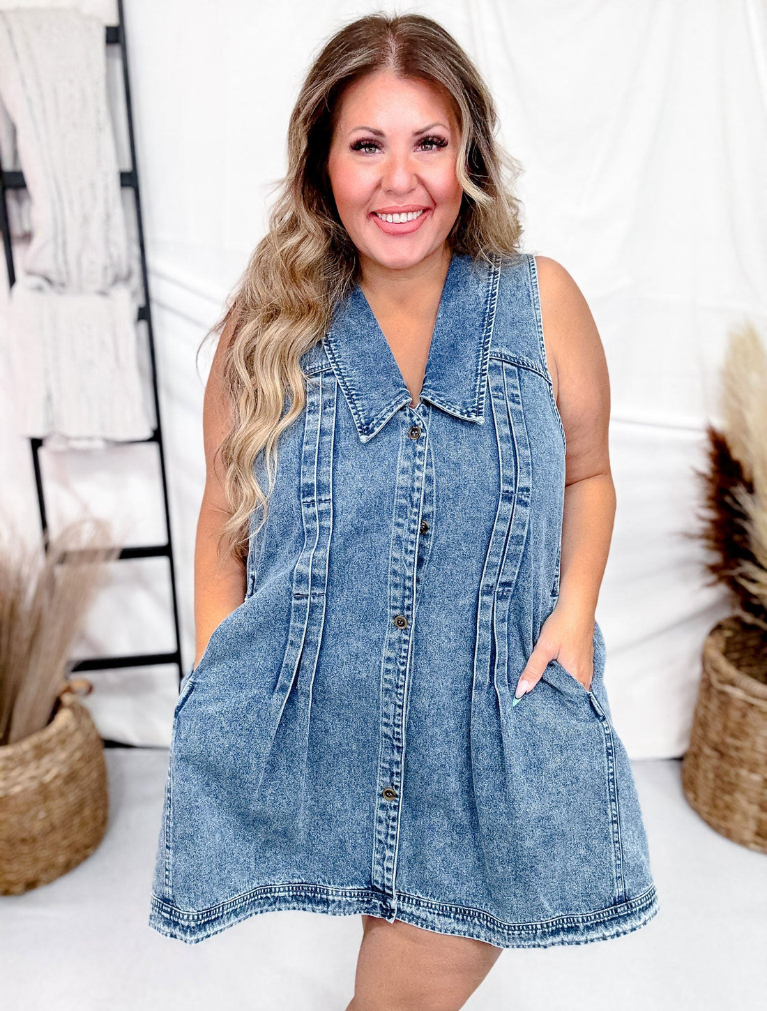 Washed Denim Dress With Pin Tuck Detailing - Whiskey Skies - BIBI