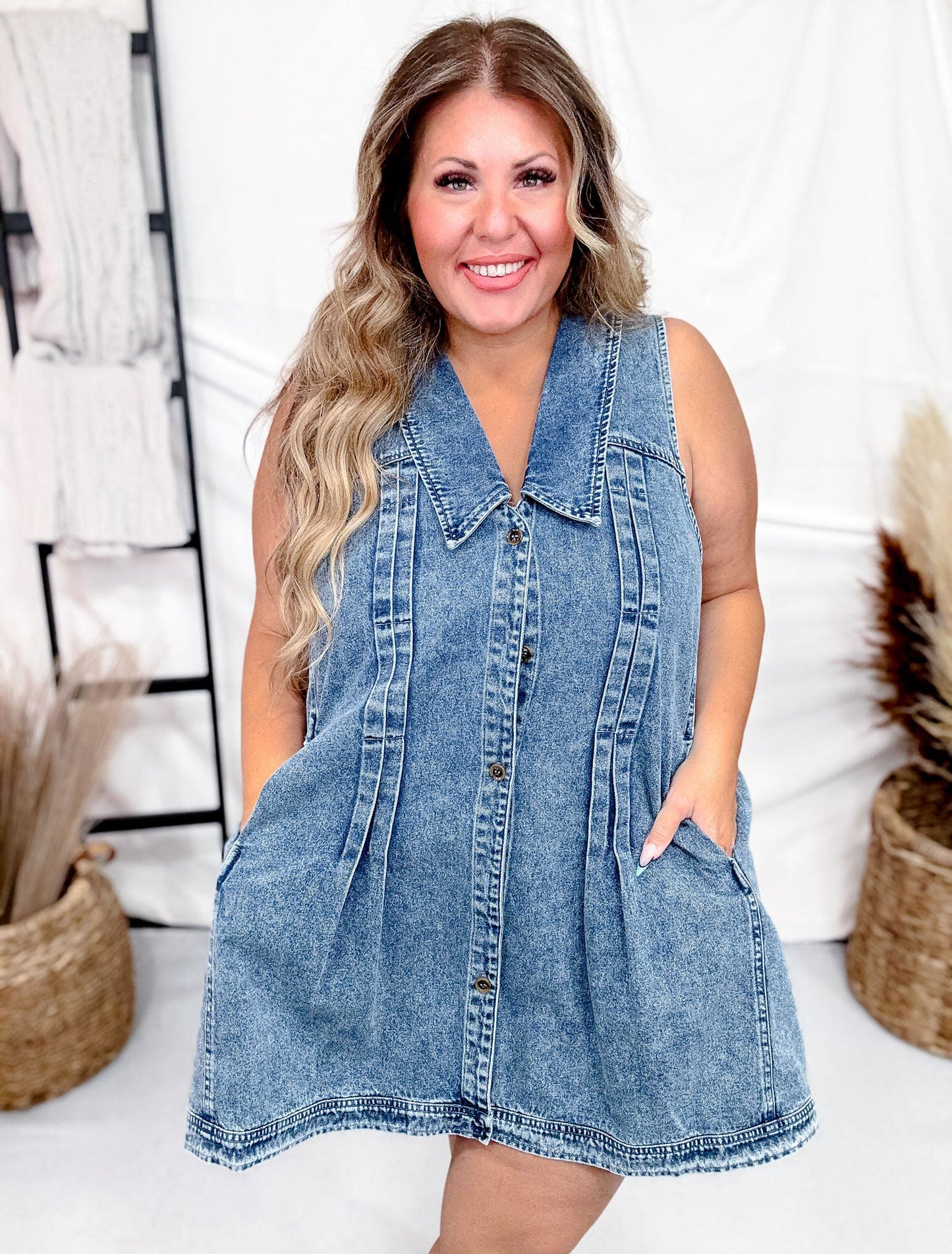 Washed Denim Dress With Pin Tuck Detailing - Whiskey Skies - BIBI