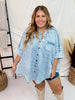 Washed Denim Fringe Hem Shirt with Stand Collar - Whiskey Skies - DAVI & DANI