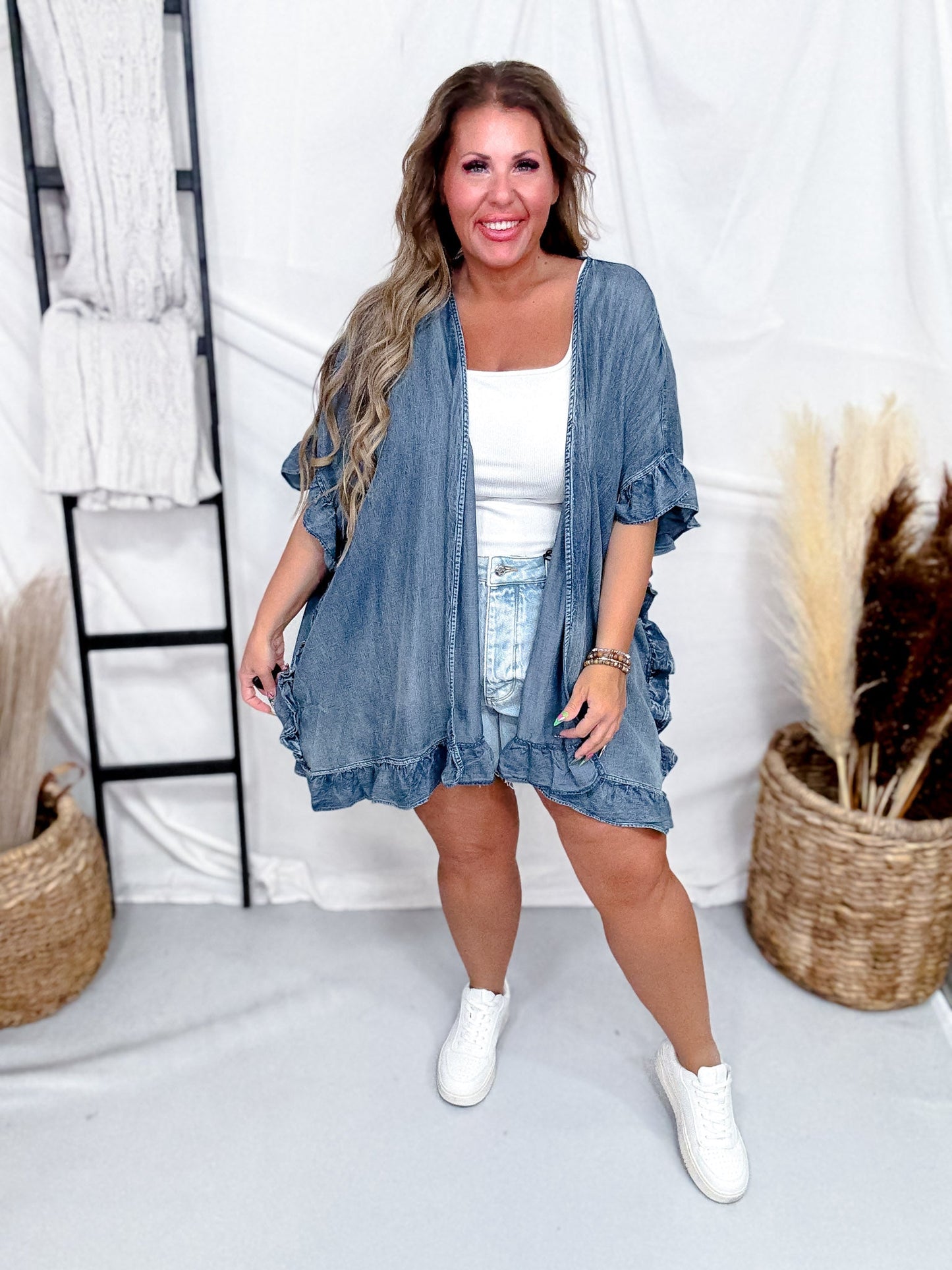 Washed Denim Open Ruffle Kimono - Whiskey Skies - EASEL