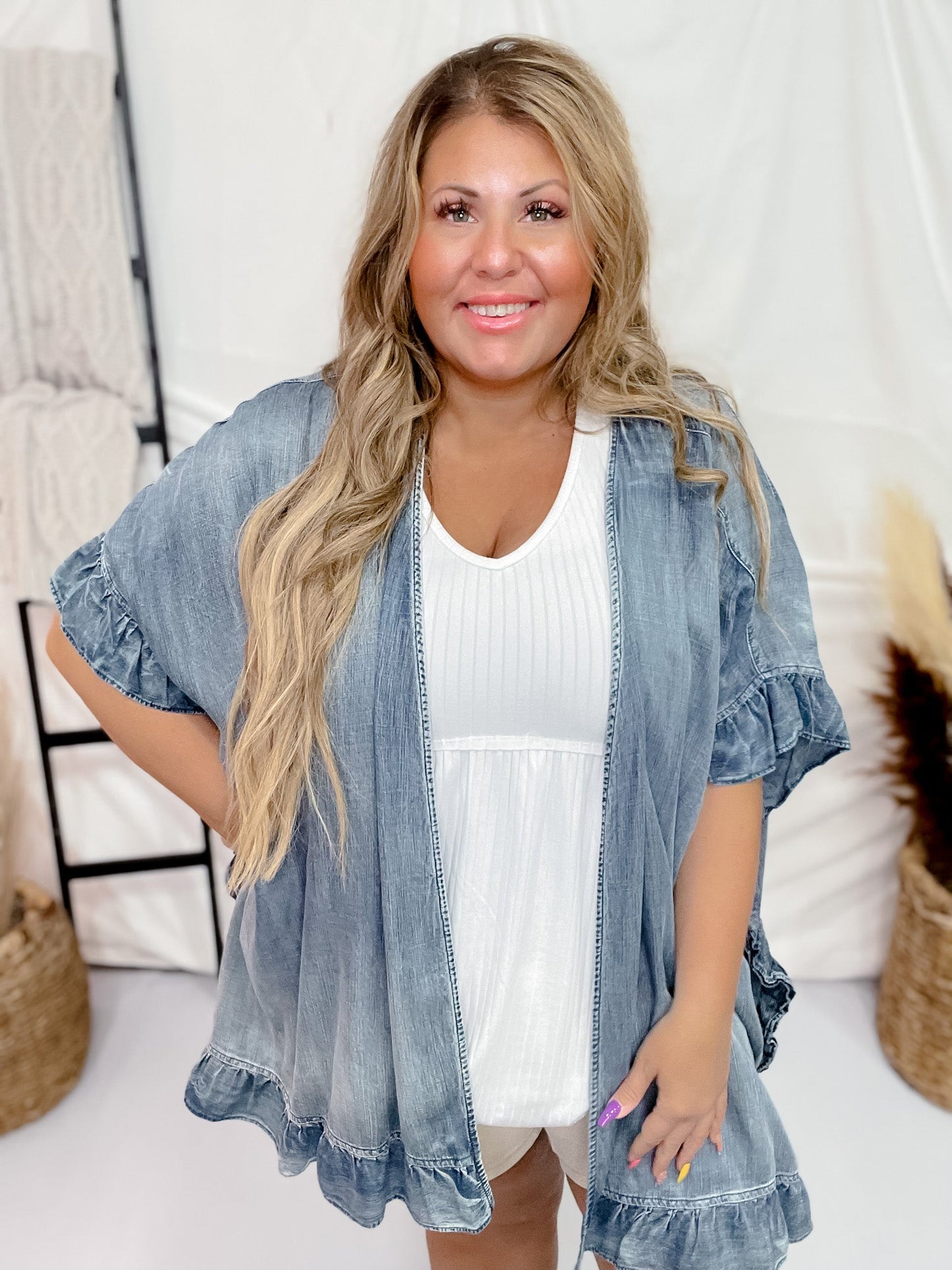 Washed Denim Open Ruffle Kimono - Whiskey Skies - EASEL