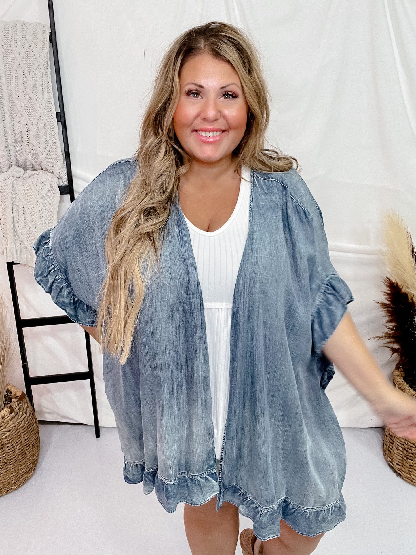 Washed Denim Open Ruffle Kimono - Whiskey Skies - EASEL