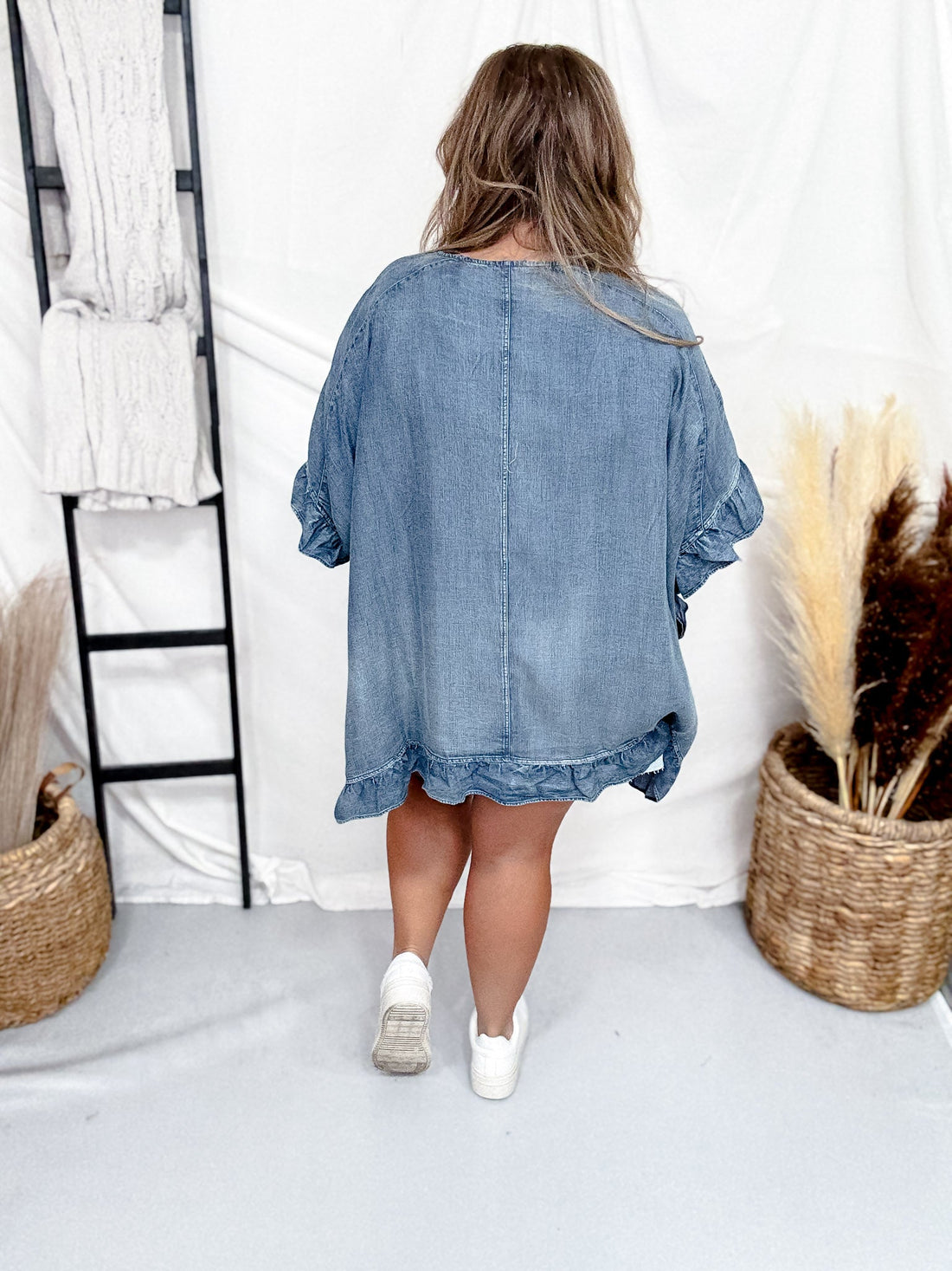 Washed Denim Open Ruffle Kimono - Whiskey Skies - EASEL