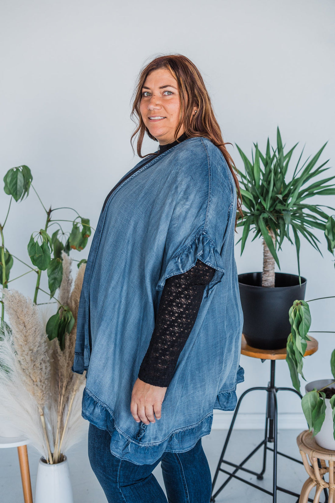 Washed Denim Open Ruffle Kimono - Whiskey Skies - EASEL