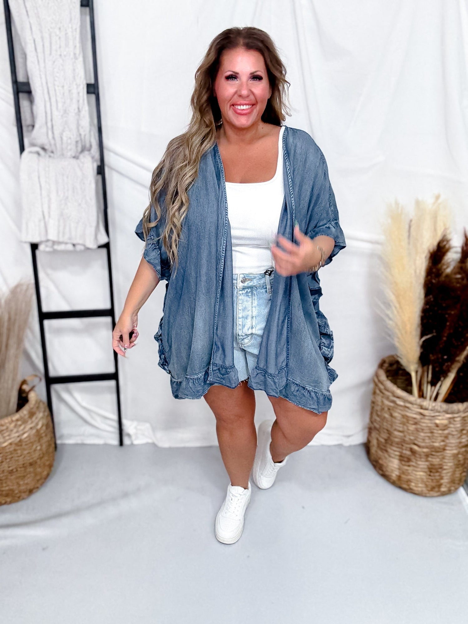 easel denim dress Washed Denim Open Ruffle Kimono