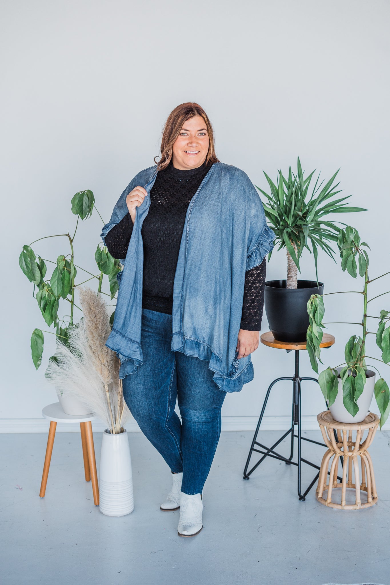 Washed Denim Open Ruffle Kimono - Whiskey Skies - EASEL