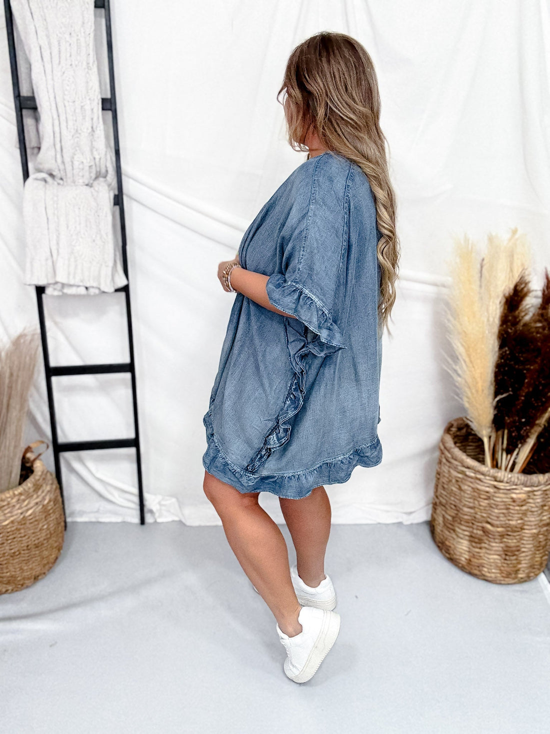 Washed Denim Open Ruffle Kimono - Whiskey Skies - EASEL