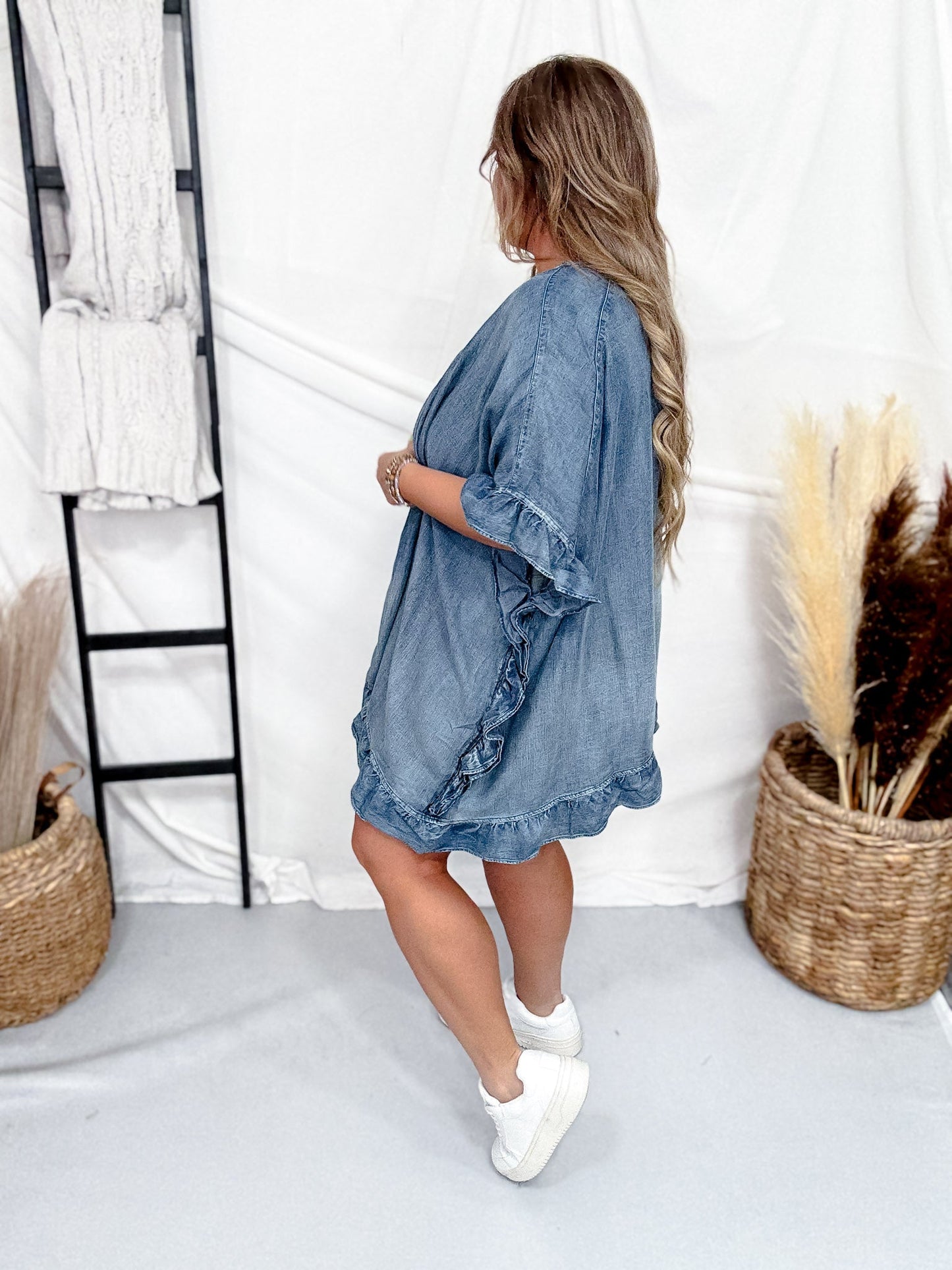 Washed Denim Open Ruffle Kimono - Whiskey Skies - EASEL