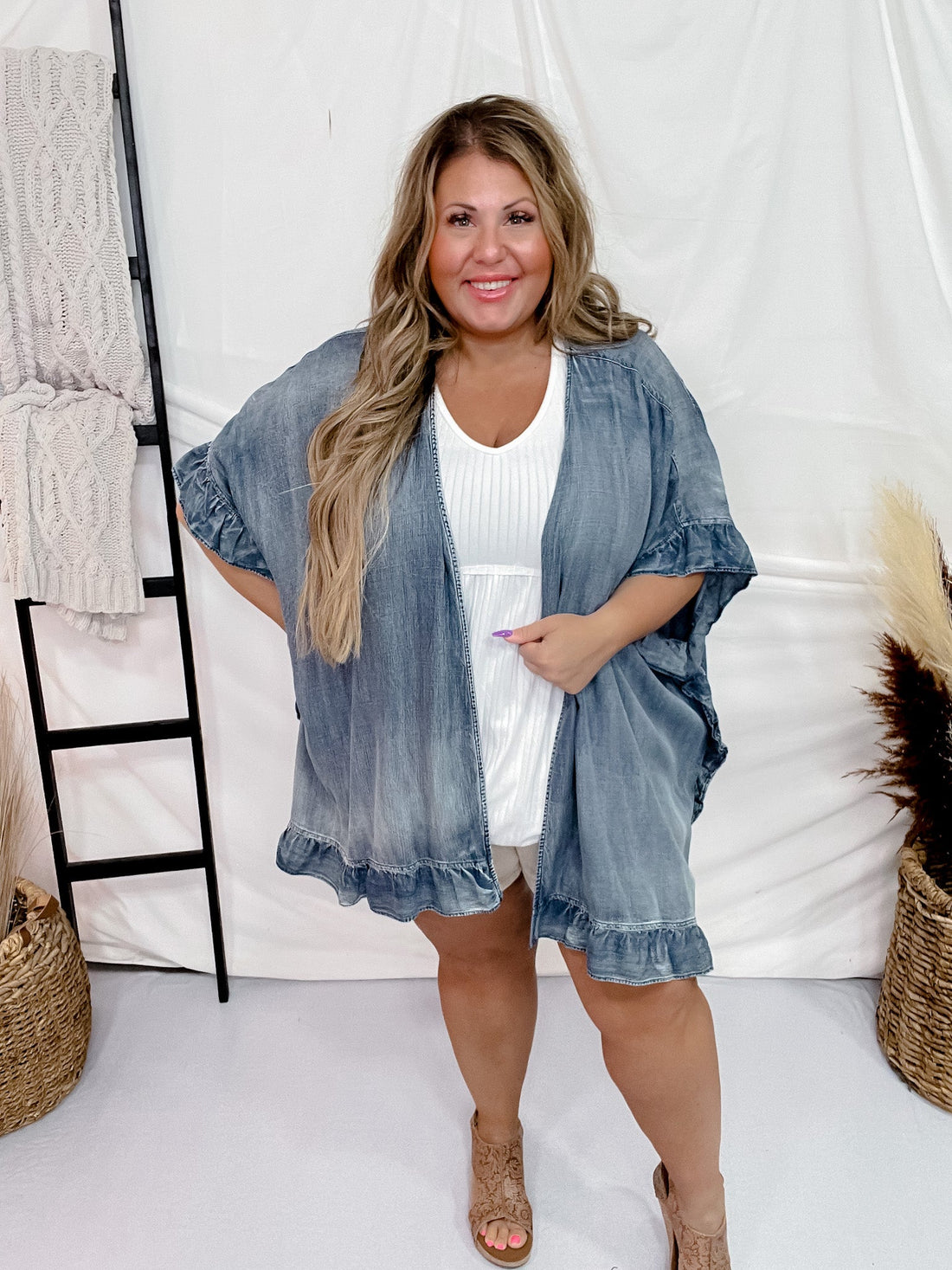 Washed Denim Open Ruffle Kimono - Whiskey Skies - EASEL