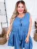 Washed Denim Pleated Romper with Front Ties - Whiskey Skies - ODDI