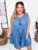Washed Denim Pleated Romper with Front Ties - Whiskey Skies - ODDI
