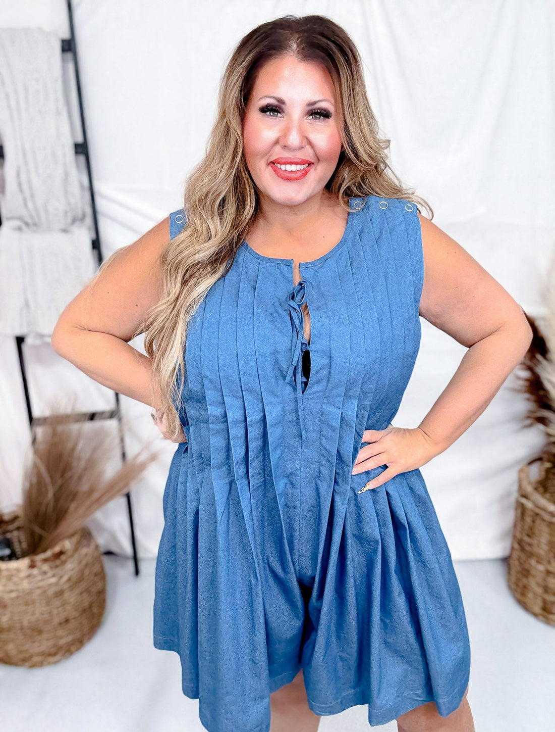 Washed Denim Pleated Romper with Front Ties - Whiskey Skies - ODDI