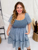 Washed Denim Short Sleeve Dress W/ Smocking - Whiskey Skies - JNNA