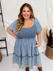 Washed Denim Short Sleeve Dress W/ Smocking - Whiskey Skies - JNNA