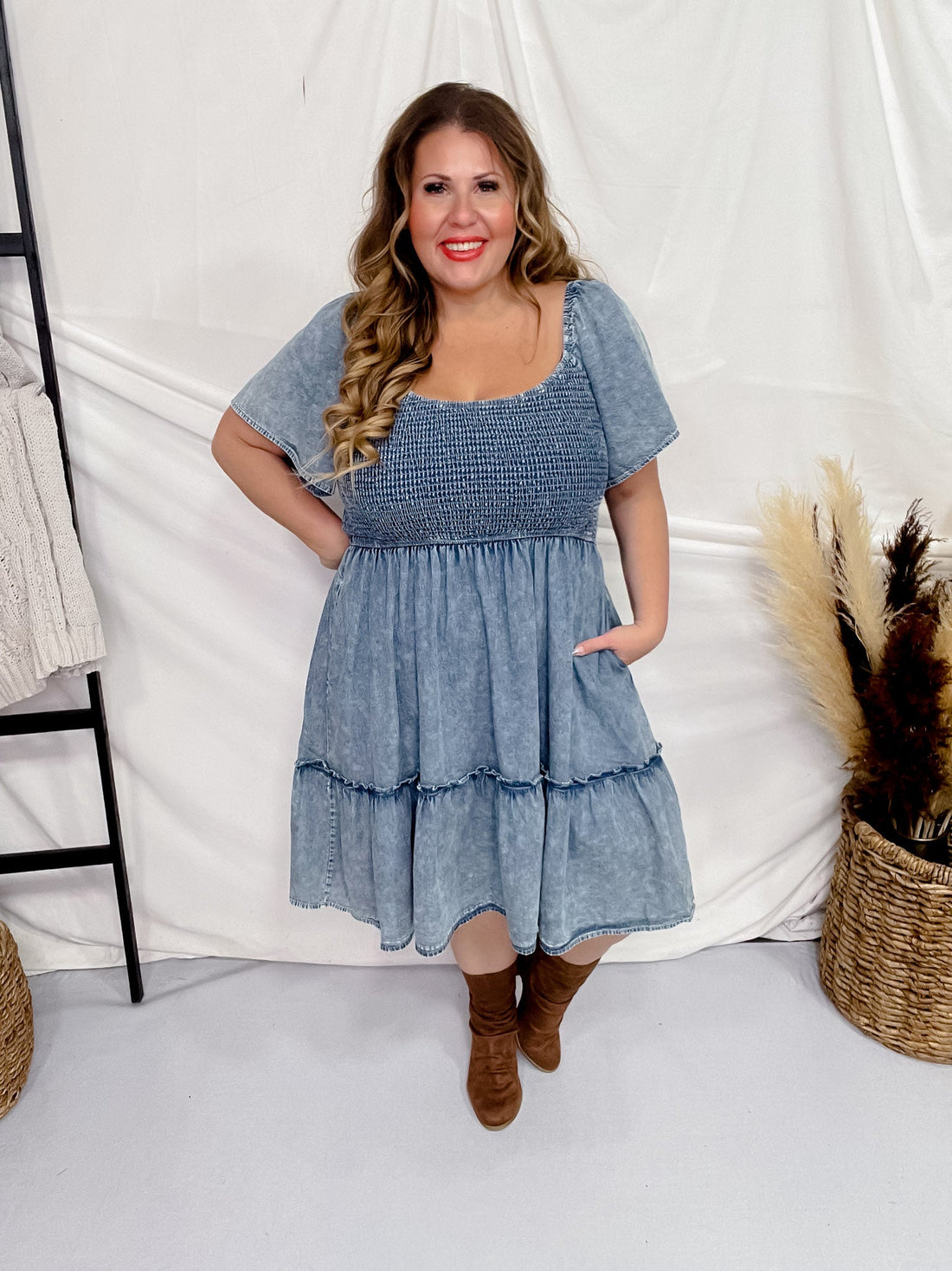 Washed Denim Short Sleeve Dress W/ Smocking - Whiskey Skies - JNNA