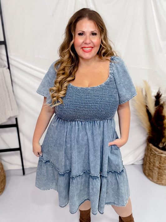 Washed Denim Short Sleeve Dress W/ Smocking - Whiskey Skies - JNNA