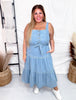 Washed Denim Tiered Midi Dress With Waist Tie - Whiskey Skies - WHITE BIRCH