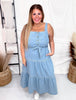 Washed Denim Tiered Midi Dress With Waist Tie - Whiskey Skies - WHITE BIRCH