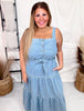 Washed Denim Tiered Midi Dress With Waist Tie - Whiskey Skies - WHITE BIRCH